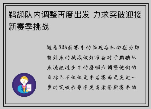 鹈鹕队内调整再度出发 力求突破迎接新赛季挑战