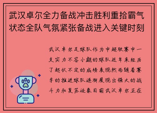 武汉卓尔全力备战冲击胜利重拾霸气状态全队气氛紧张备战进入关键时刻
